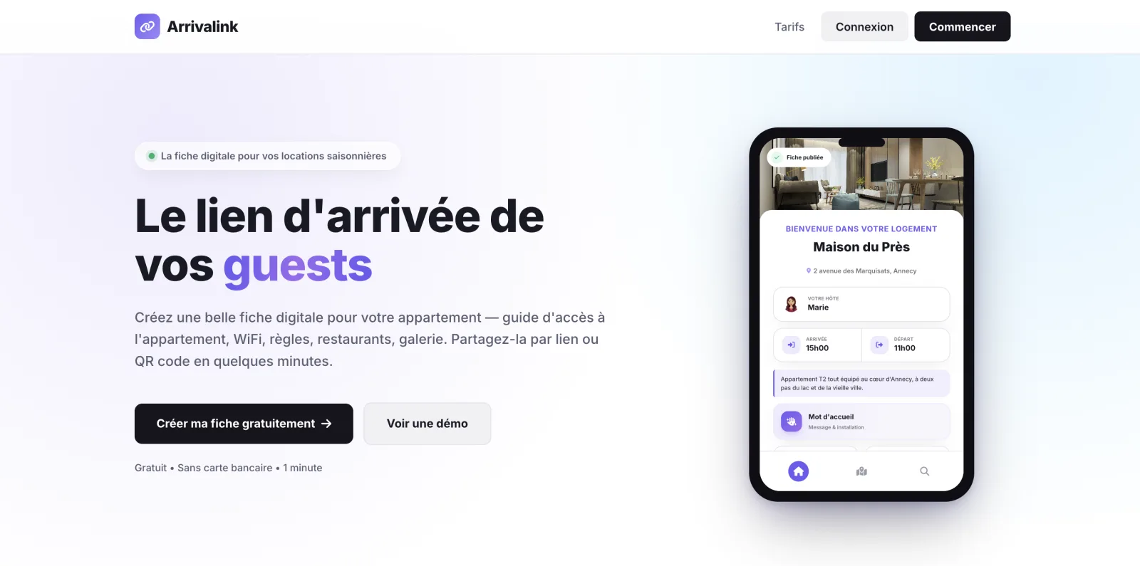 Aperçu du site Arrivalink, livret d'accueil digital pour locations saisonnières