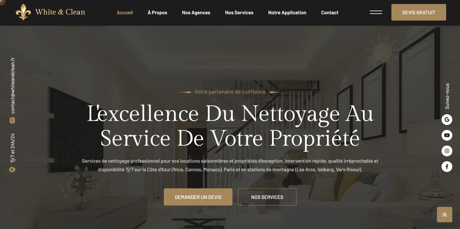 Aperçu du site vitrine White and Clean, nettoyage premium sur la Côte d'Azur